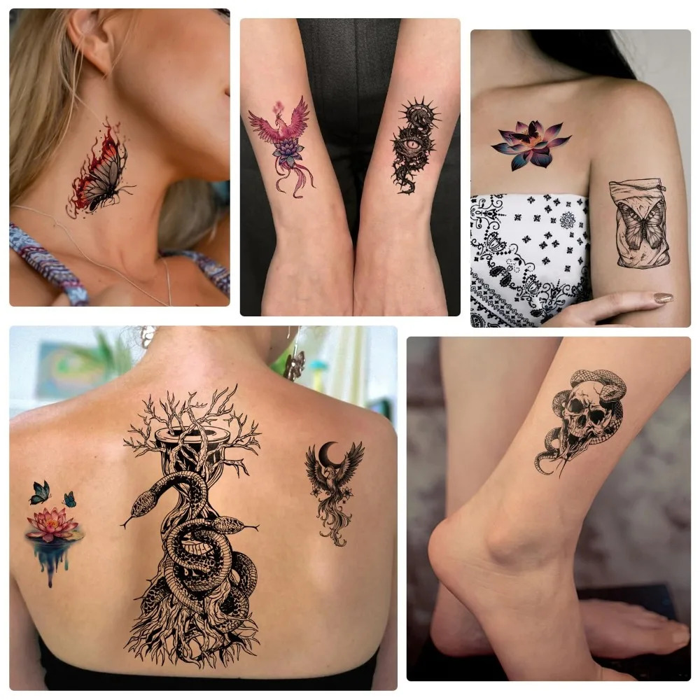 phoenix skeleton snake temporary tattoo tree of life butterfly rose feather half arm fake tattoo sticker 250515
