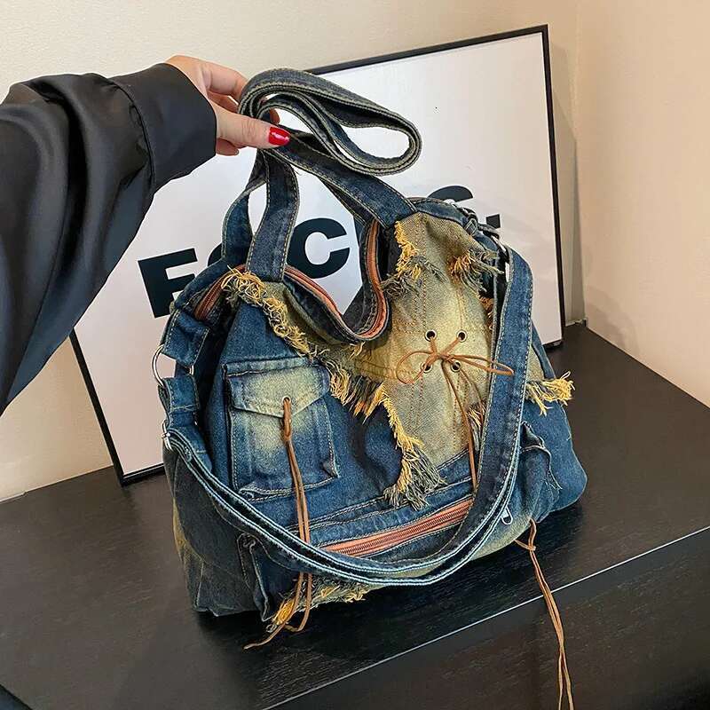 Denim Y2k Womens Shoulder Vintage Washed Distressed Fashion female Messenger Bag Large Capacity ladies Handbag Sac totes