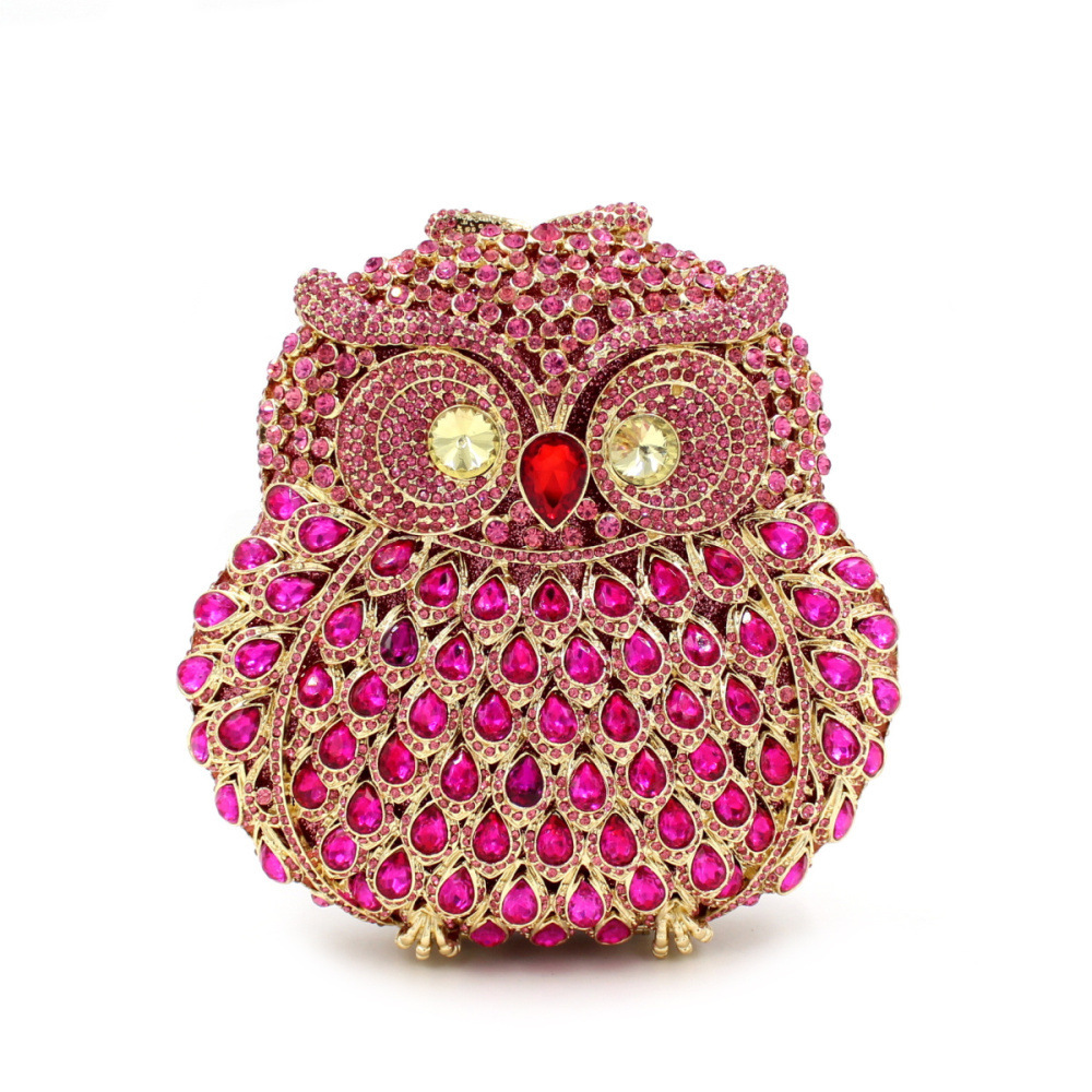XIYUAN Owl Shape Women Hot Pink Crystal Handbag and Purse Evening Cross body Bags Party Metal Minaudiere Lady Diamond Clutch Bag