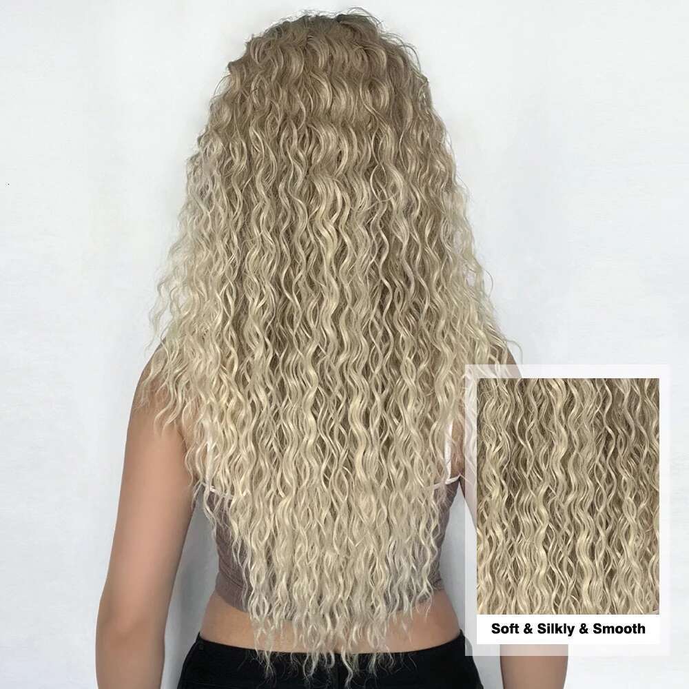 Long Afro Kinky Curly Front Synthetic Wigs Brown Blonde Ombre Dark Root Transparent Deep T Part Lace Wig for Women Use