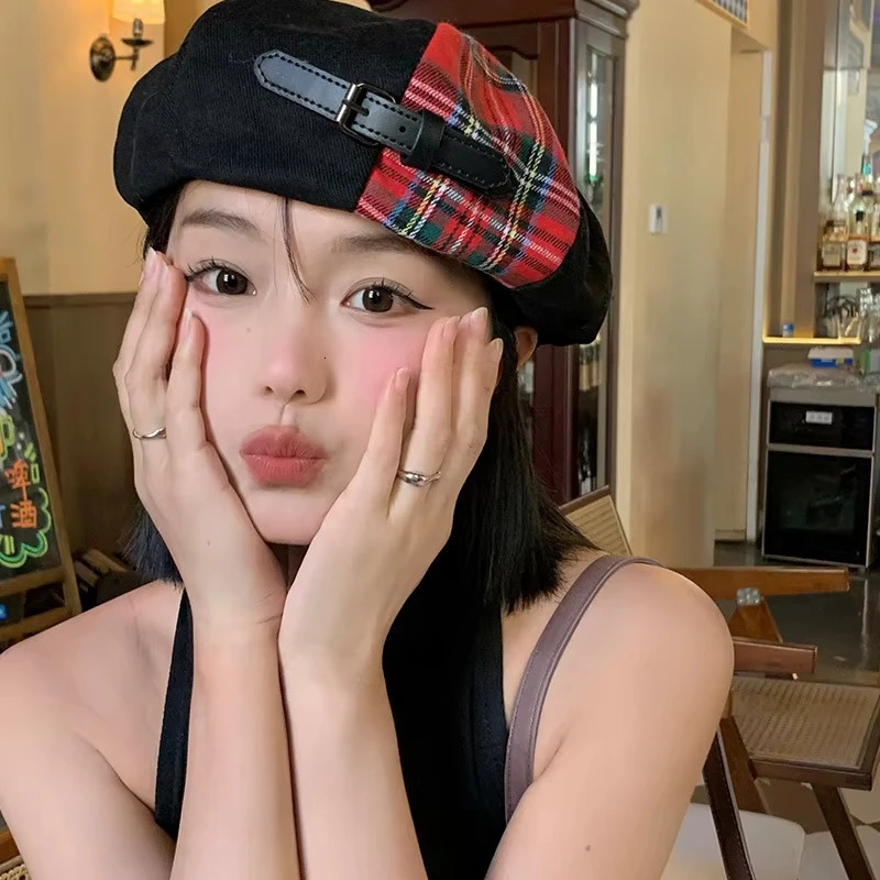 Splicing Beret Female British Retro Painter Japanese Big Head Waist Versatile Hat 250520