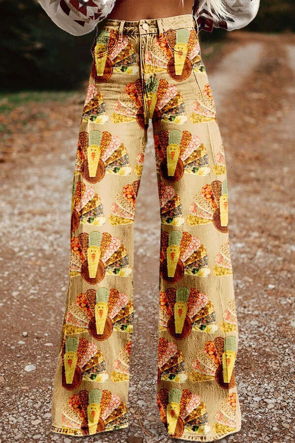 2025 Women's Casual High-Waisted Wide-Leg Jeans - Printed Stretch Fabric