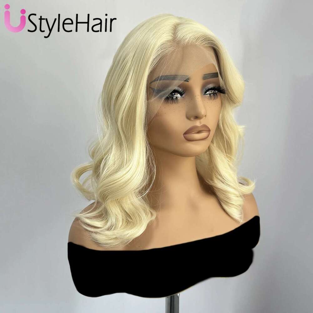613 Blonde Short Wave 13x4 Bob Front Wig Glueless Side Part Synthetic Frontal Lace Wigs for Black Women Daily Wear