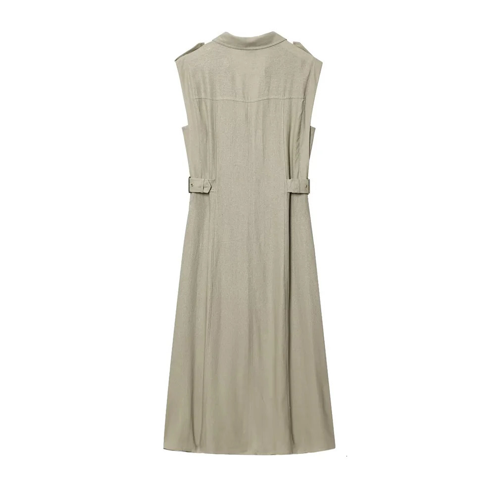 Khaki Brown Two Color Turn Down Collar V Neck Sleeveless Single Breasted Women Comfortable Long Dress ZATAF Spring 250520