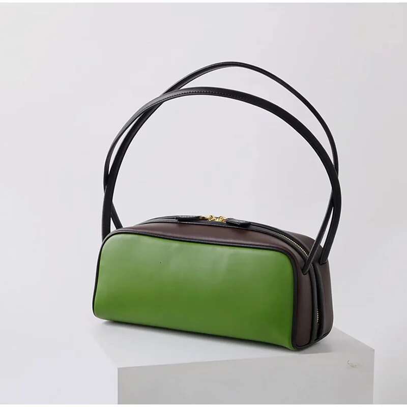 New Genuine Leather Pa Handbag Women's Contrast Color High-end Bowling Brand Shoulder Commuting Green Underarm Bag