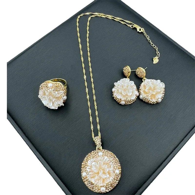 Turkish Irregular Baroque Freshwater Pearl Jewelry Sets 3D Three-dimensional Carving of Peony Flowers Charm Necklace Earring 250520