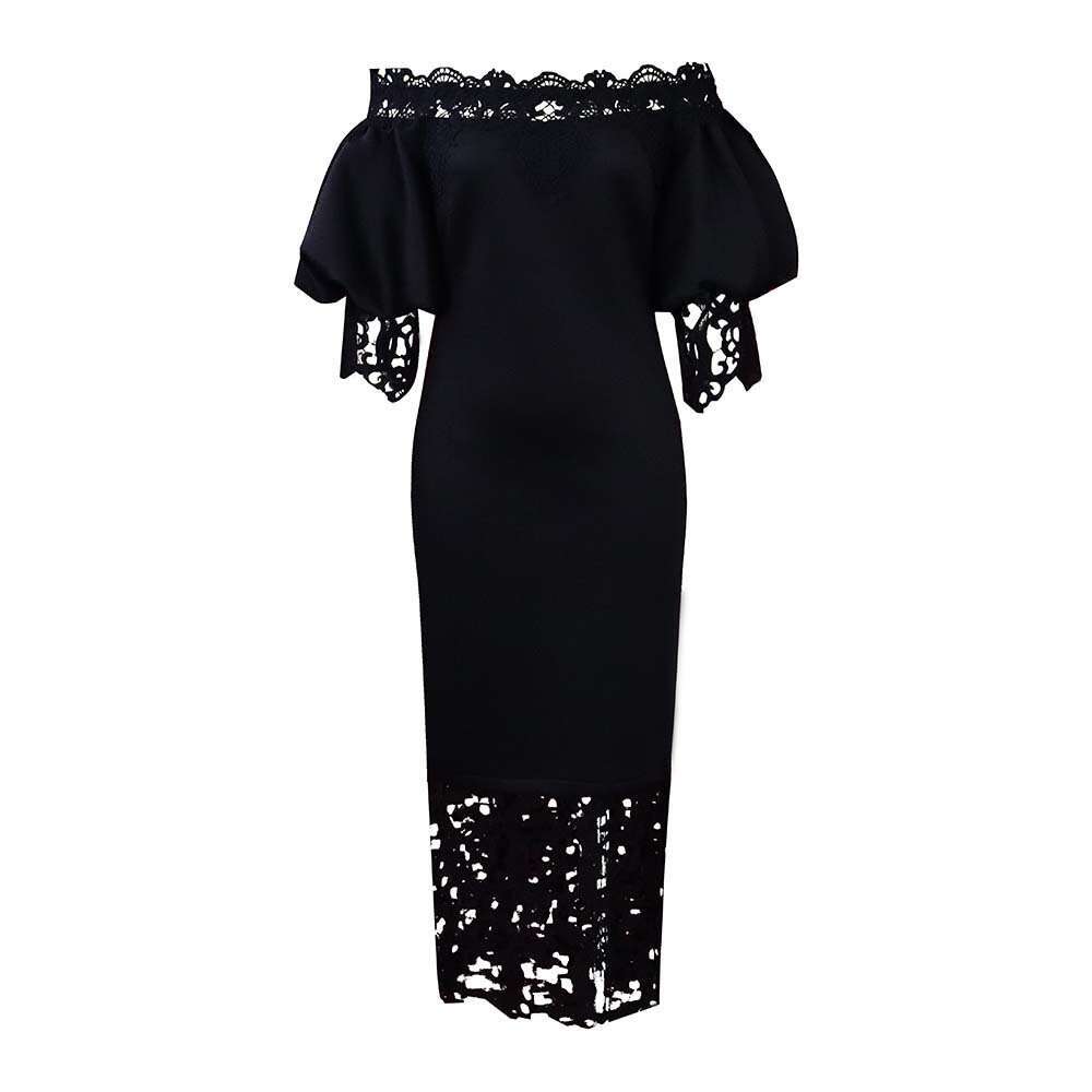 Women's Wear Women's New One Line Neck Lace Spliced Banquet Evening Lantern Sleeves OL Bridesmaid Dress