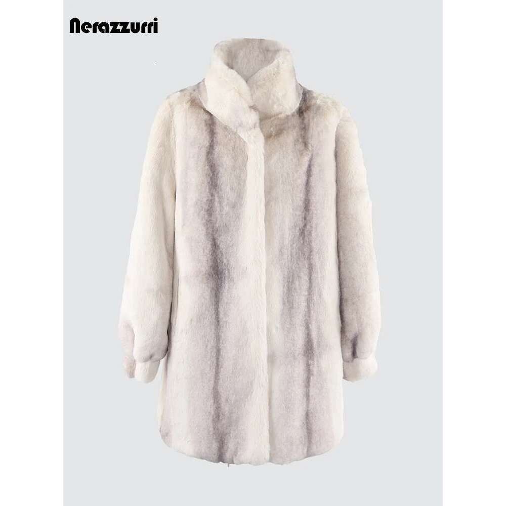 Nerazzurri Winter Colorful Thick Warm Gradient Faux Fur Coat Women Long Sleeve Loose Stylish Elegant Fluffy Jacket 2023