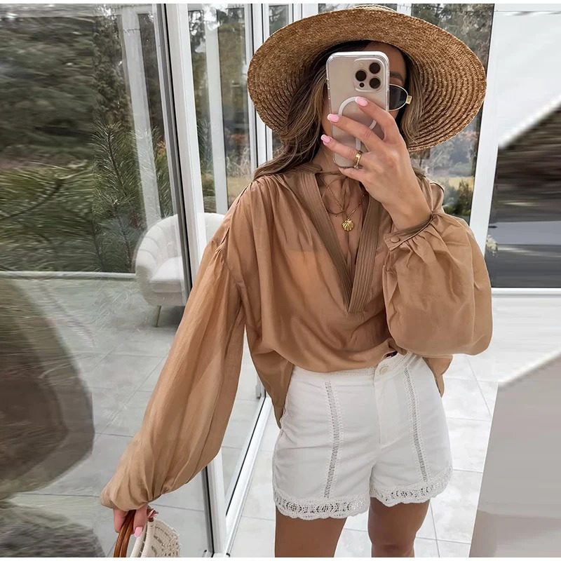 Fashion Long Puff Sleeve Blouses For Women Spring Chic Vneck Pullover Shirts Summer Holiday Lady Street Beach Party Tops 250520