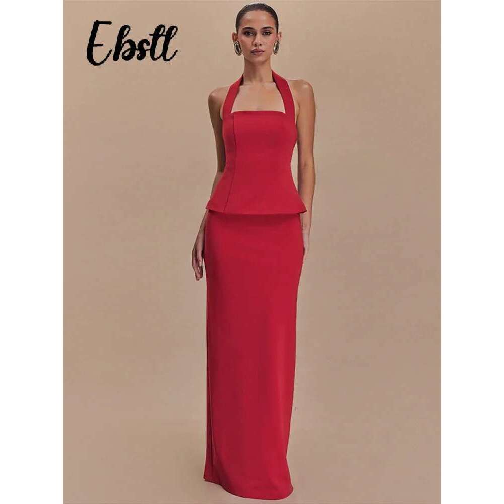 Elegant Halter Top Skirts Set Women Solid Backless Sleeveless Crop Tops Split Long Skirt 2025 Spring Summer New Ladies Outfits