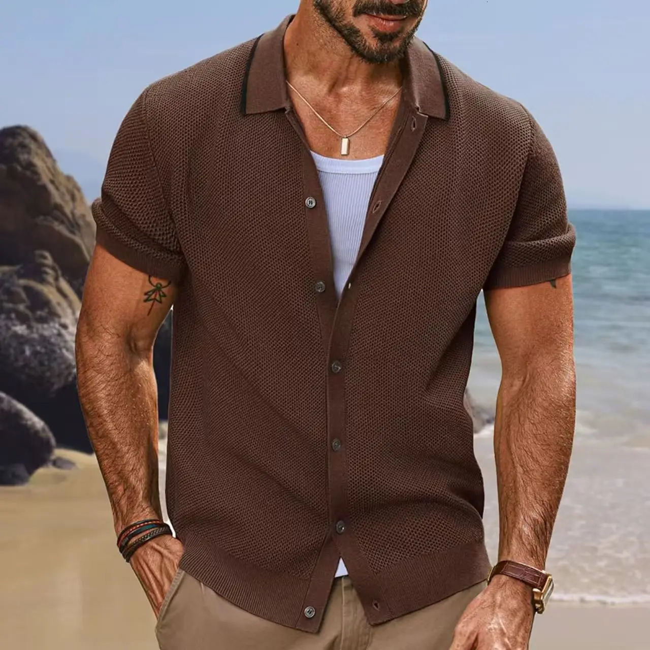 Spring Summer Knitting Polo Shirt Men Casual Turndown Collar Button Solid Top Short Sleeve Ice Silk Tee Vintage Cardigan 250520