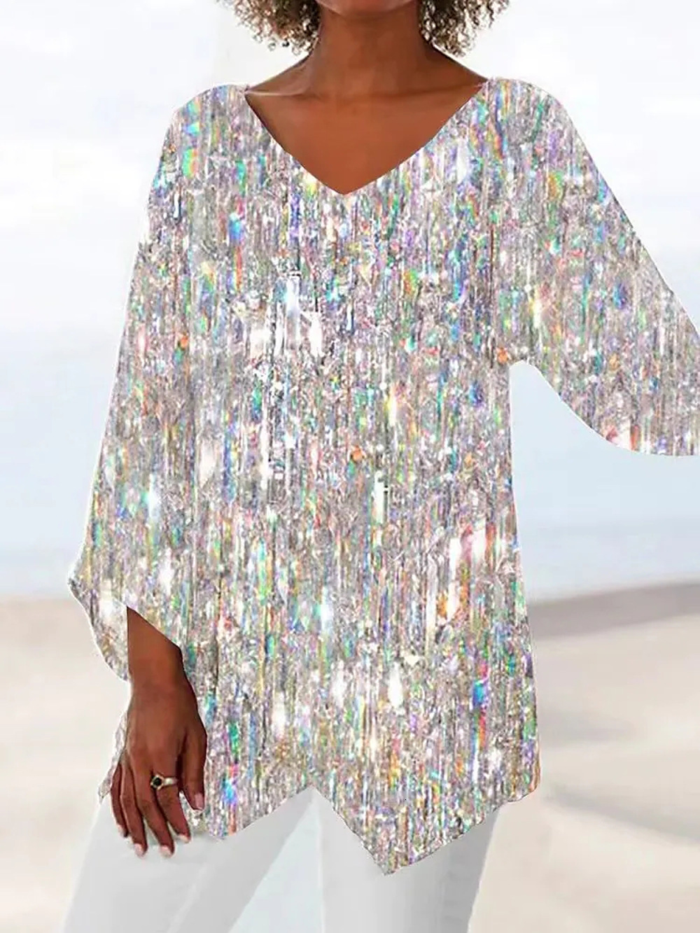 2025 New Designer Clothing Plus Size Women's T-shirt Casual Loose Print Long Sleeved V-neck Top Casual Trendy T-shirt
