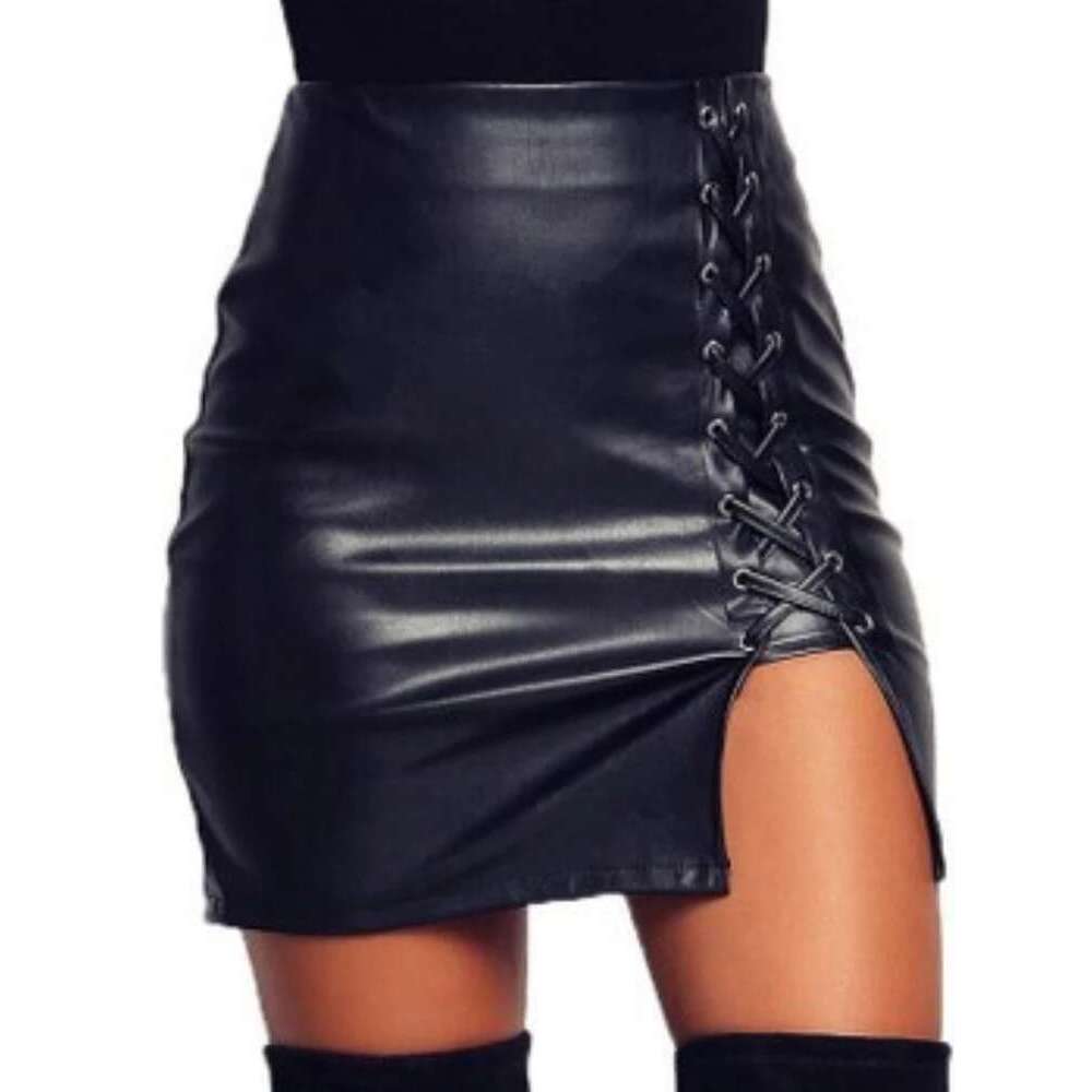 Sexy PU Imitation Leather Cross Bandage Split Mini Women High-Waist Slim Skirts Office Lady Bodycon Skirt Club Party