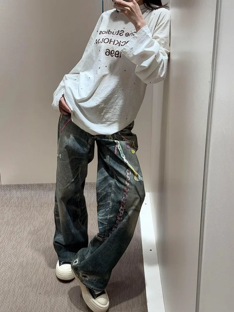 Korean Trendy Harajuku Streetwear Y2K Candy Chain 3D Printed Baggy Jeans Women Hip-hop Retro Punk Straight Wide-leg Pants 250520