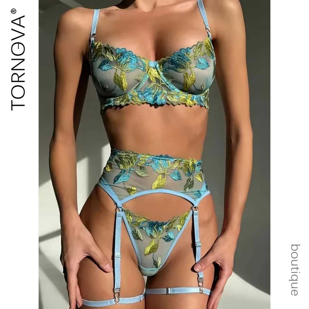 Sexy Embroidery Underwear Set Sexy Girdle Garter Underwear Set Mesh Patchwork See-through Embroidery Sexy Lingerie Set R250520