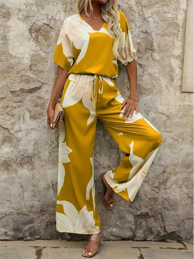 Fashion Print Two Piece Set For Women Casual V-neck Short Batwing Sleeve Top And High Waist Wide Legs Pants Loose Sets Female 250516