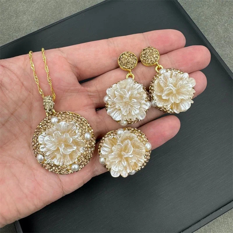 Turkish Irregular Baroque Freshwater Pearl Jewelry Sets 3D Three-dimensional Carving of Peony Flowers Charm Necklace Earring 250520