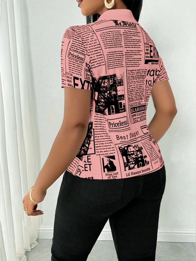 Women Summer Fashion spaper Print SingleBreasted VNeck Shirt 250514