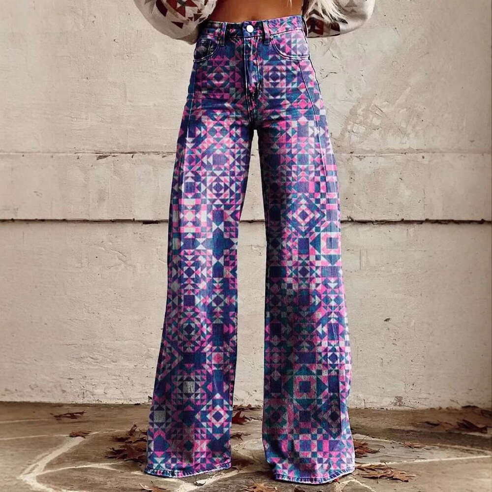 2025 Trendy High-Waisted Wide-Leg Jeans for Women - Printed Stretch Casual Style
