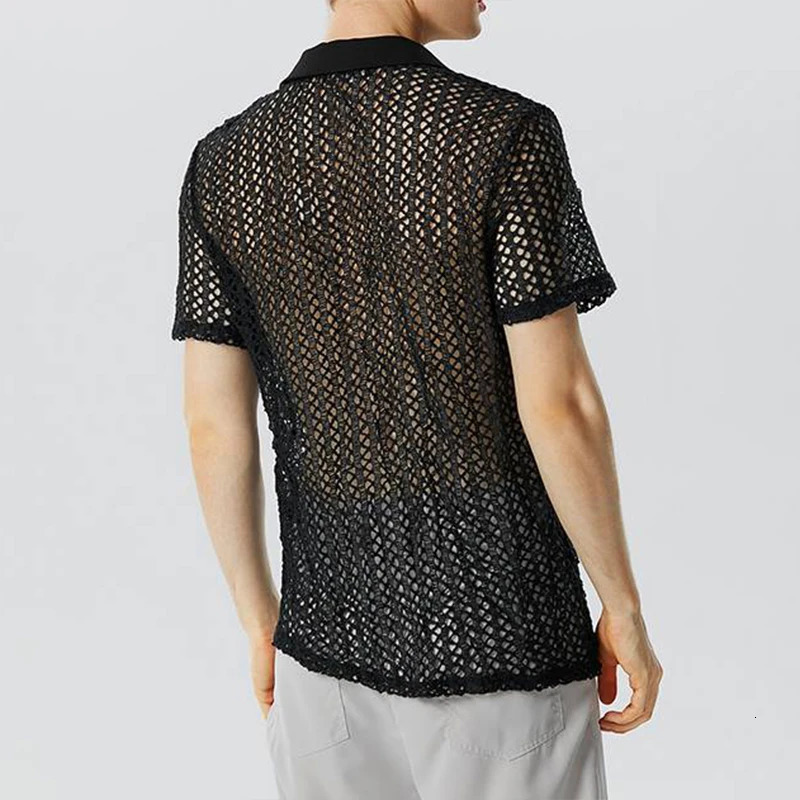 Summer Mens Clothing Knit Hollw Out Shirts Lapel Short Sleeve Mesh Sexy Buttondown Solid Color Streetwear Party Knitwear S3XL 250520