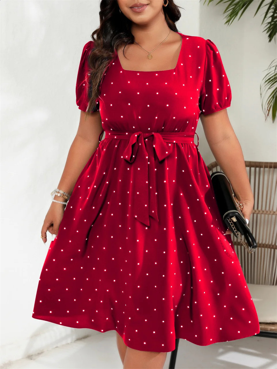 GIBSIE Plus Size Square Neck Polka Dot Belted Dress Womens Elegant Retro Puff Sleeve High Waist Summer A-line Big Swing Dresses 250519