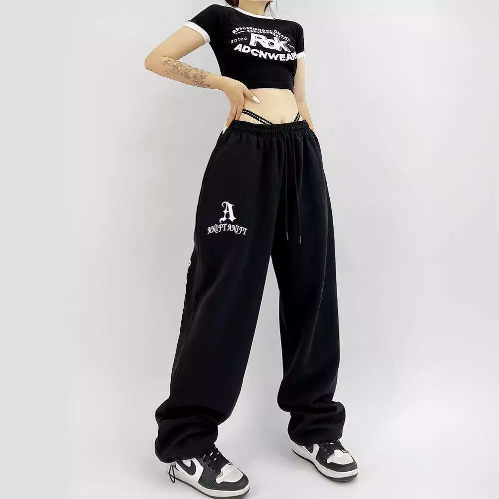 American style design street straight wide leg jazz hot girl sports and casual pants, loose printed ankle binding sweatpants