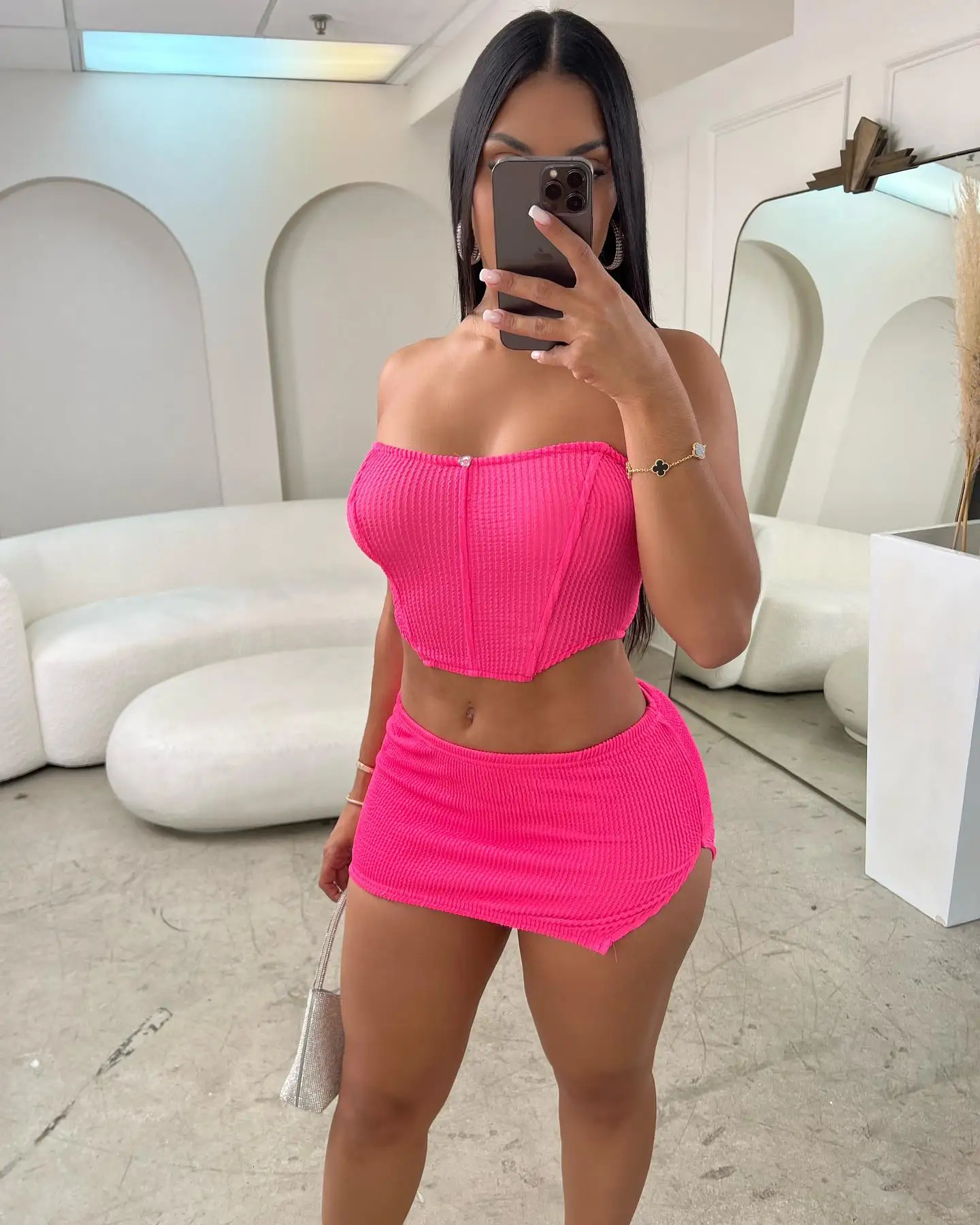 Womens sexy fishbone top slim slit short skirt fashion set twopiece 250520