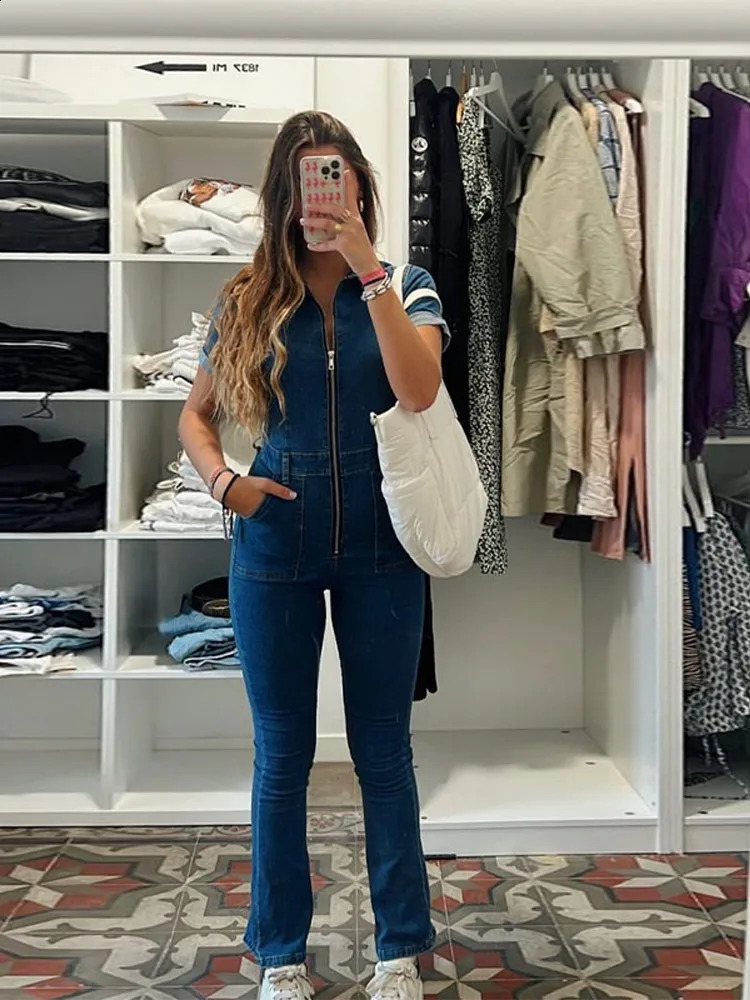 Women Slim Cinching Denim Jumpsuit Lapel Zipper Short Sleeves High Waist Straight Wide Leg Jeans Jumpsuit Summer High Street 250519