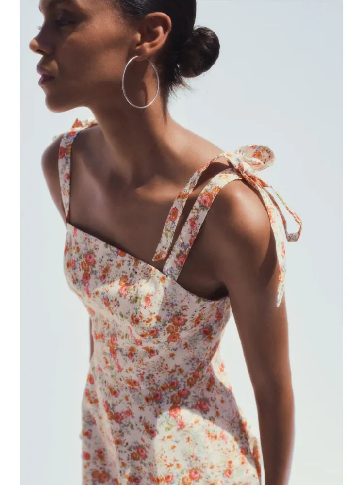 TRAF Women Floral Print Short Dress With Bow Sexy Backless Sleeveless Beach Style Womens Wave style Hem Female Dresses 250520