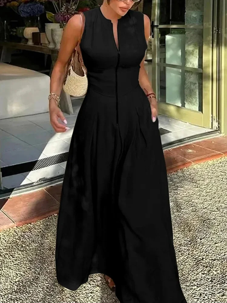 UOOZEE Office Lady Commute Pleated Aline Dress Summer Fashion Solid Color Sleeveless Zipper Evening Maxi Dresses 250520