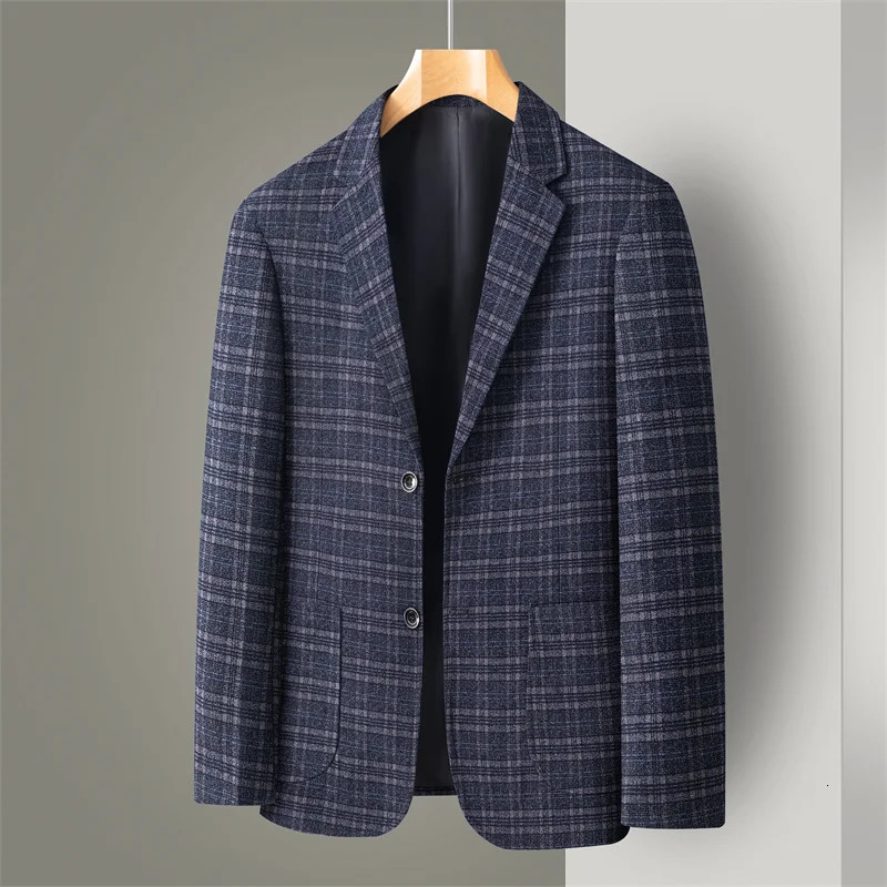 Leisure Loose Navy Blue Check Texture Spring and Summer Young Mens Suit Fashion Trend Casual Coat 250514