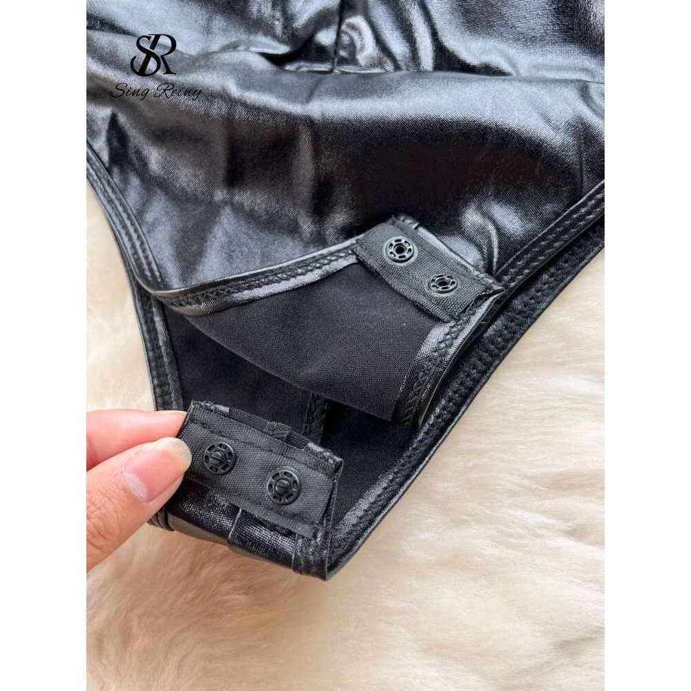 SINGREINY Autumn Drawstring PU Leather Sexy Rompers Women Zipper Open Crotch Slim Bodysuits Fashion Corset Streetwear Playsuits