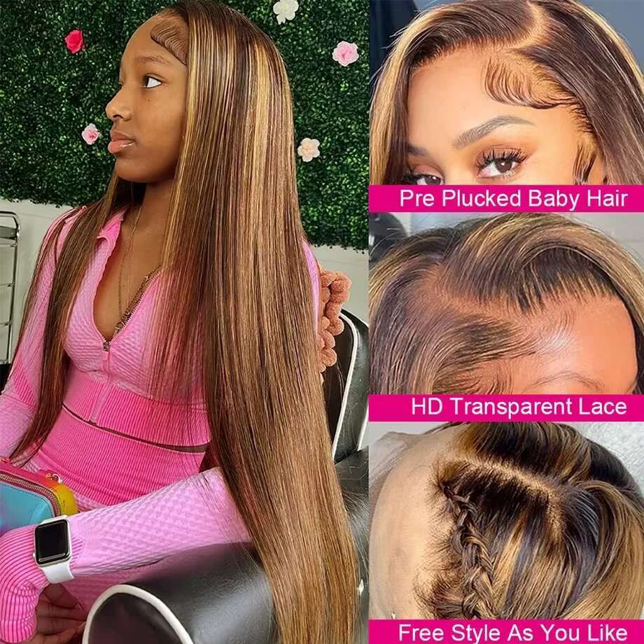 Honey Blonde 4/27 Colored Front Human Highlight Brown Straight 13x6 Hd Lace Frontal Wig 100% Vieamese Remy Hair