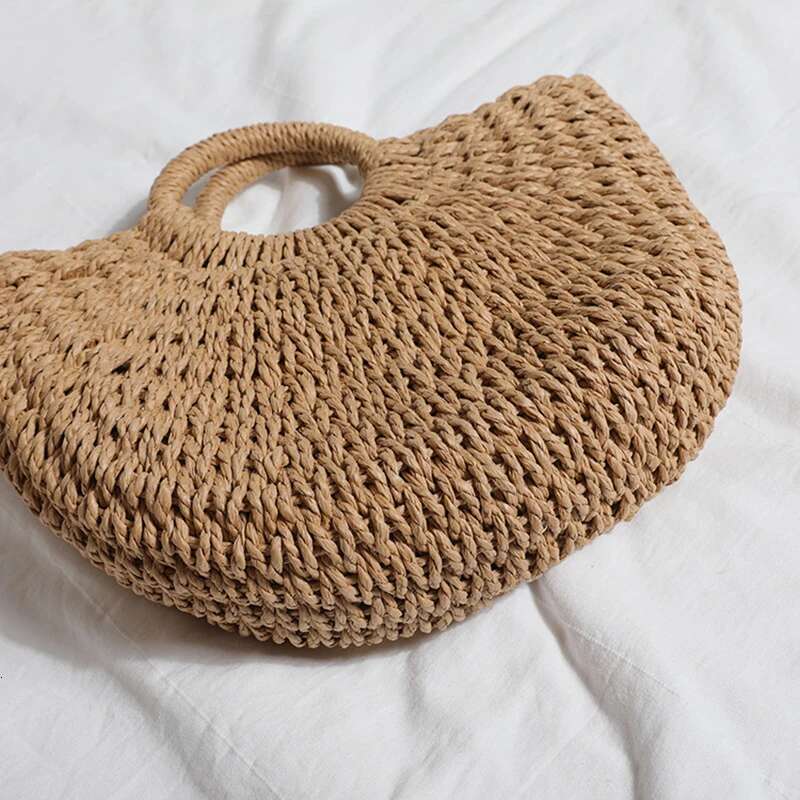 Summer Handmade Bags For Women Weaving Ladies Straw Wrapped Beach Bag Moon Shaped Top Handle Handbags Totes