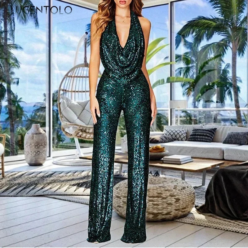 Sequins Sexy Jumpsuits Women Halter Fashion Summer Party Elegant Sleeveless Female High Waist Street Straight Rompers 250519