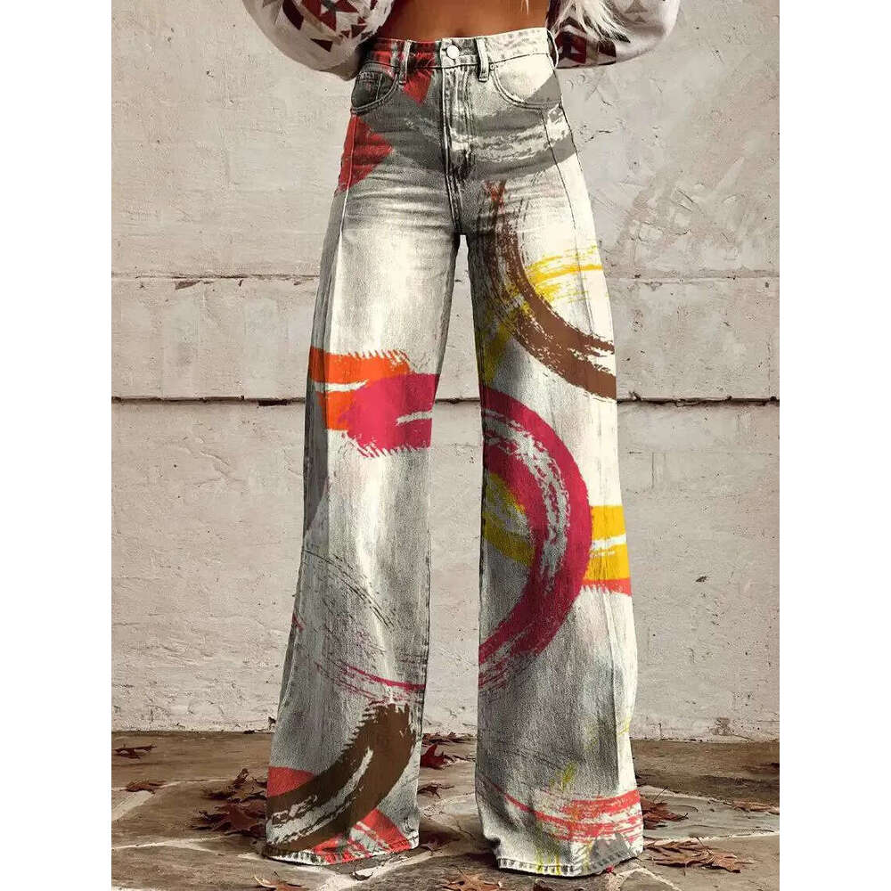 2025 Trendy High-Waisted Wide-Leg Jeans for Women - Printed Stretch Casual Style
