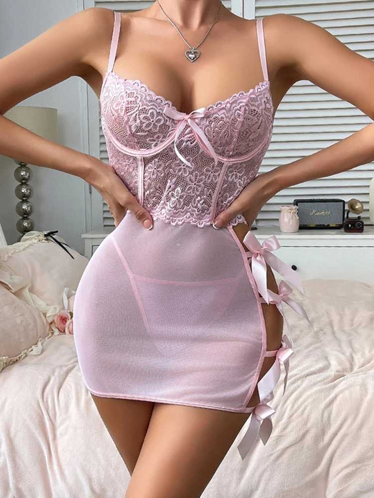 Sexy Lingerie Set Women Lace Hollow Out Spliced sexy See-through Underwear Thong Thin Pajamas Bow-pack Hip Night Dress R250520