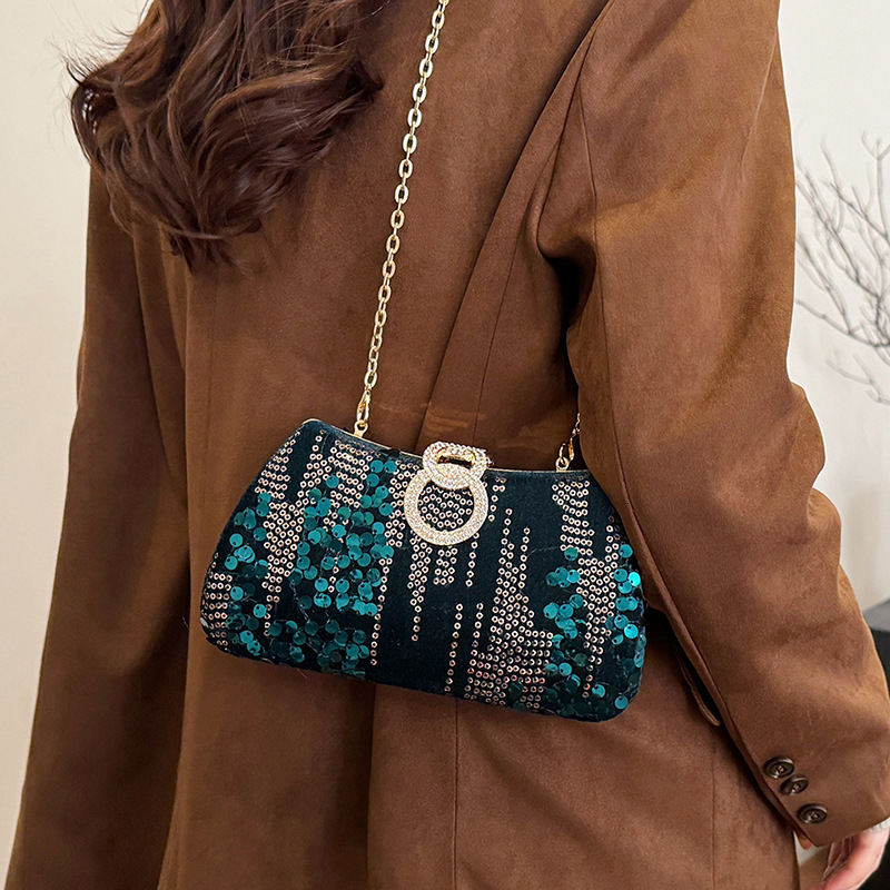 2024 New Trendy Texture Glitter Women's Simple Western Style Lock Chain Cross Shoulder Banquet Bag