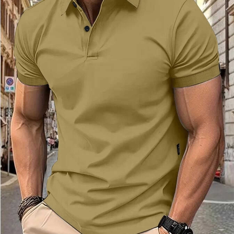 Mens solid color short-sleeved button-down lapel T-shirt casual top 250519