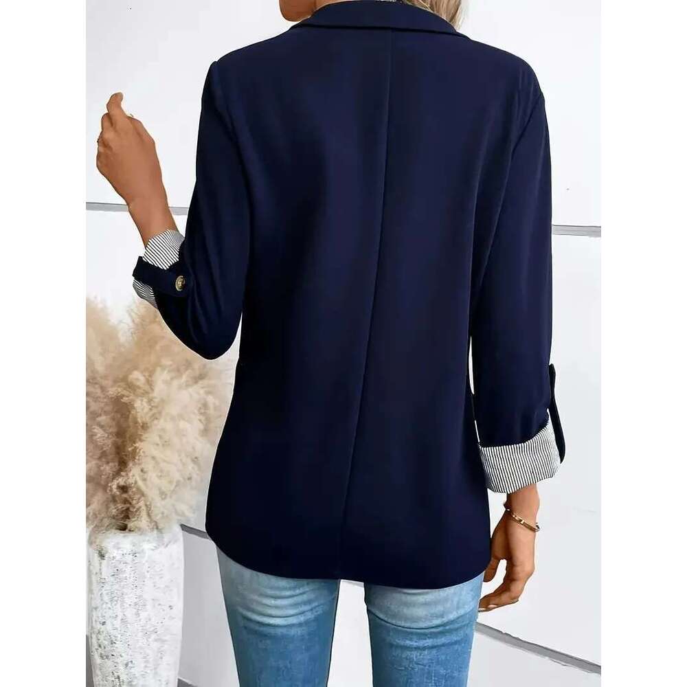 New Fashionable Casual Button Up Slim Fit Seven Quarter Rolled Sleeve Solid Color Work Office Suit Jacket