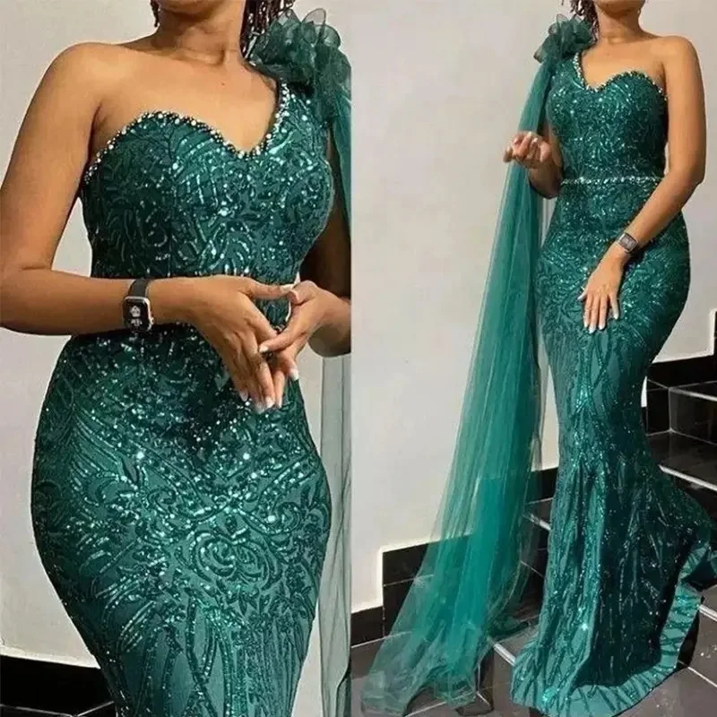 Elegant One Shoulder Sequined Evening Dresses Beaded Sweetheart Long Glitter Prom Dress African Arabic Mermaid Formal Party Events Gown For Women 2025