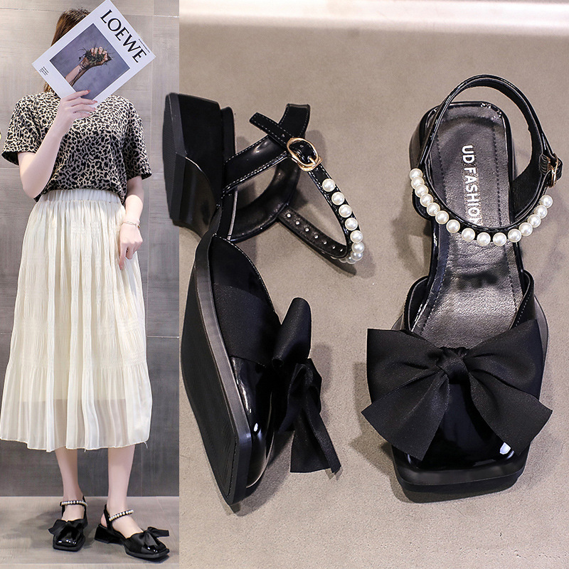 Free shipping, designer bow-bow sandals for women, 2025 summer new thick-heeled high heels, low heels, pearl one-strap, versatile