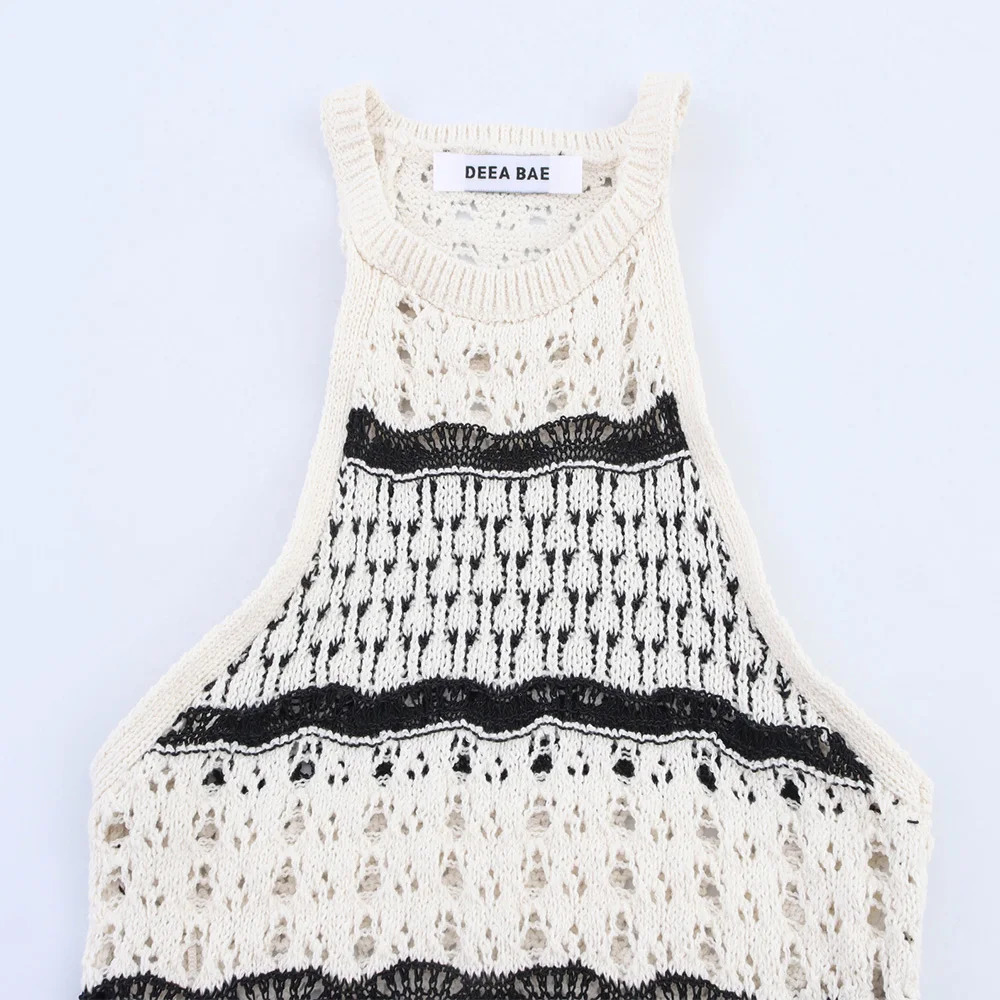 Classic Black White Contrast Color Sleeveless Striped Texture Hollow Out n Women Slim Mini Halter Dress ZATT Spring 250520