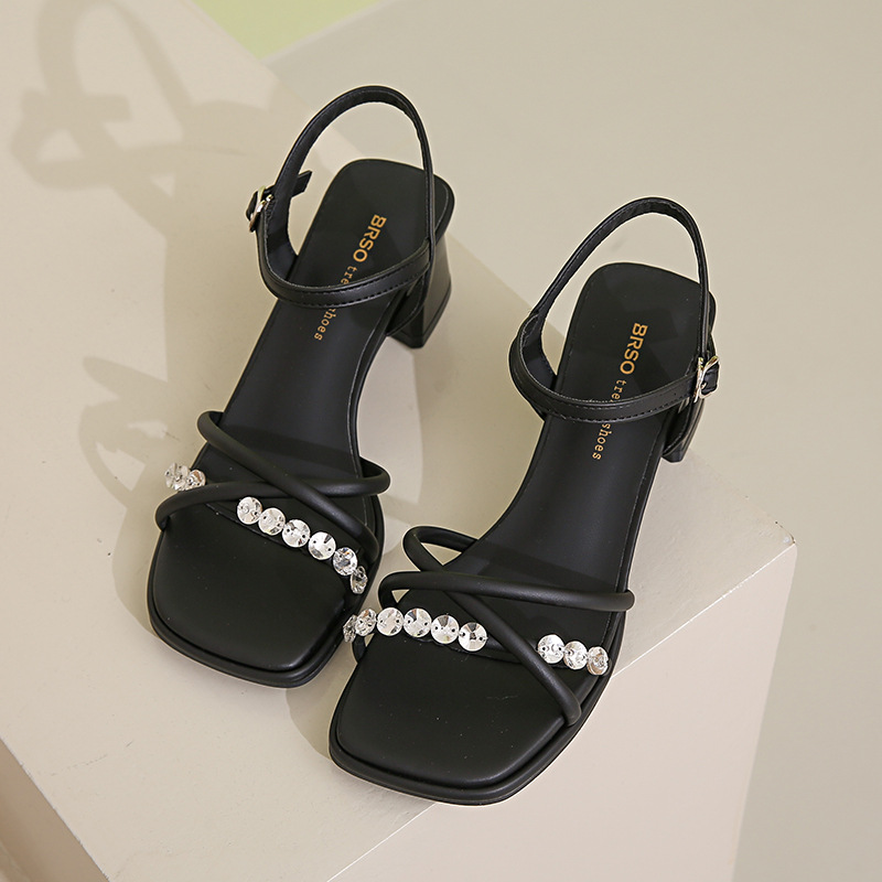 Free shipping, designer fairy-style thick-heeled sandals for women, 2025 summer new water diamond one-strap, gentle and elegant women's shoes