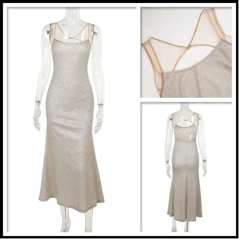 Townlike Sparkle Glitter Nightclub Sexy Party Dress Women Spaghetti Strap Summer Dress Midi Long Slim Bodycon Dresses 250519