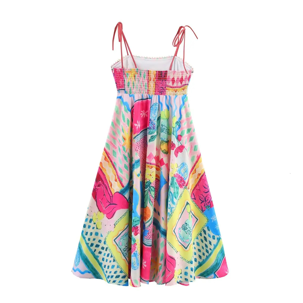 Zevity Women Holiday Wind Colorful Oil Painting Print Casual Long Dress Female Chic Lace Stitching Sling Vestidos DS9167 250520
