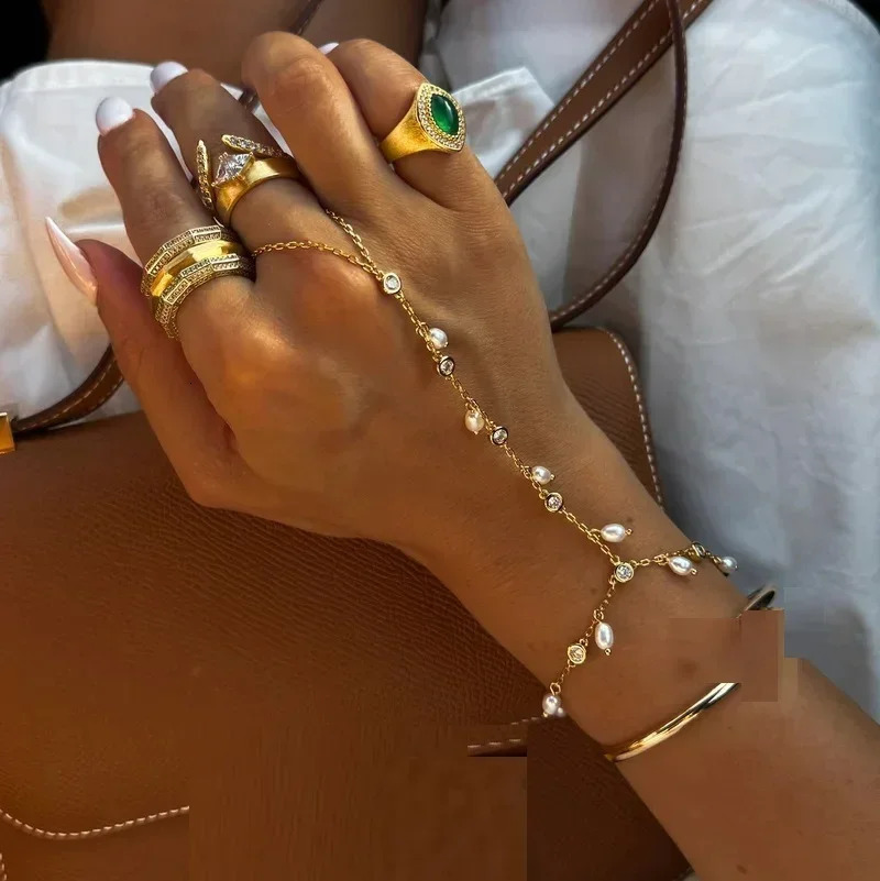 Gold Color Geometric Bezel CZ White Flash Pearls Beaded Drop Charm Tassel Elegance Women Hand Chain Bracelet 250520
