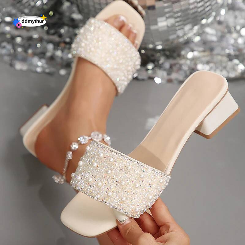 Pearl Decor Chunky Heel Sandals Women Fashion Square Toe Summer Slippers Woman Plus Size Comfort Slip On Sandalias Mujer 2025 ddmythur