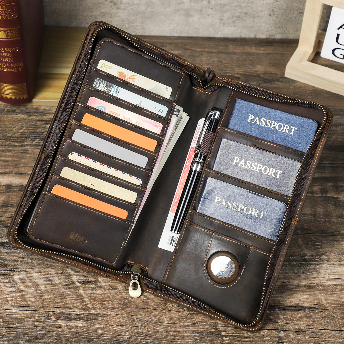 CONTACT'S Genuine Leather Family Passport Clutch Wallets Vintage Men Travel Clutch Bags Passport Cover Card Holder Phone Pocket