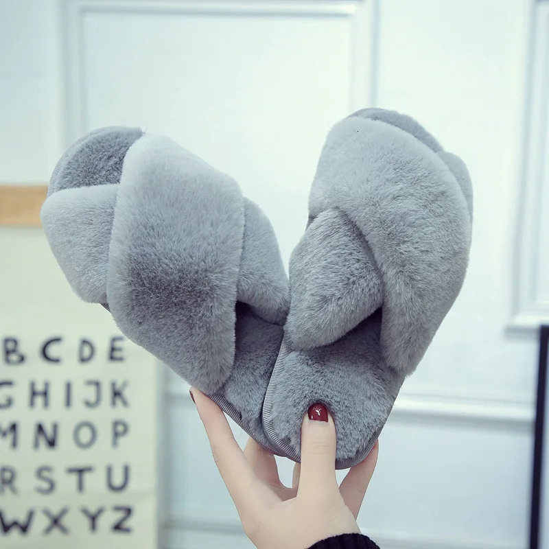 Winter Women Home Indoor Casual Slippers Female Flip Flops Fluffy Shoes Cross Slides Ladies Soft Warm Plush Slipper 250516